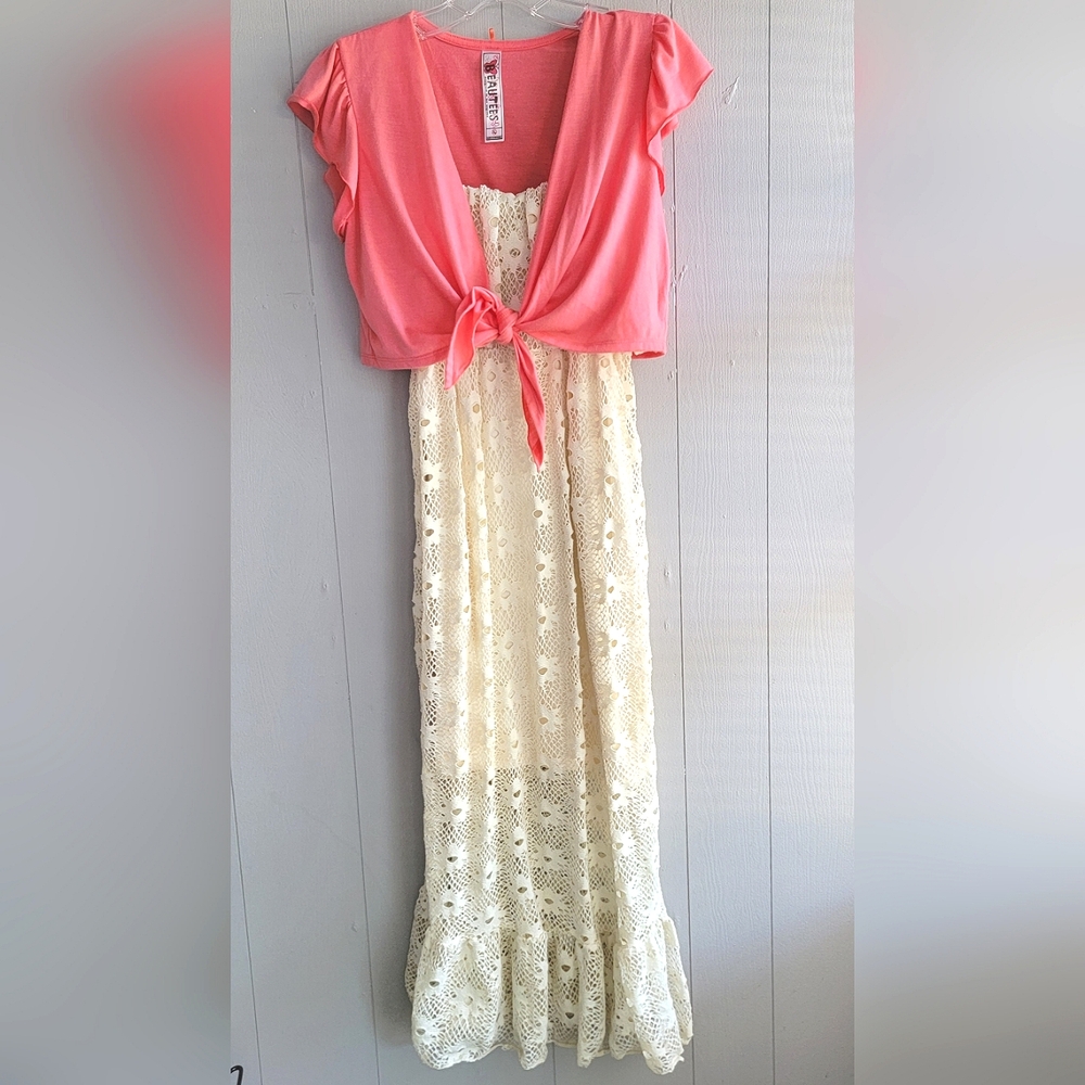 🌴 Beautees Off-White Lace Sleeveless Dress With Open Cardigan